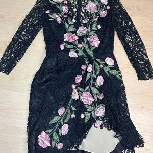 Marchesa Black Lace Dress with Pink Floral Design